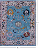 Blue Turkish Oushak Hand Knotted Wool Rug - 9' 2" X 11' 11" - Golden Nile