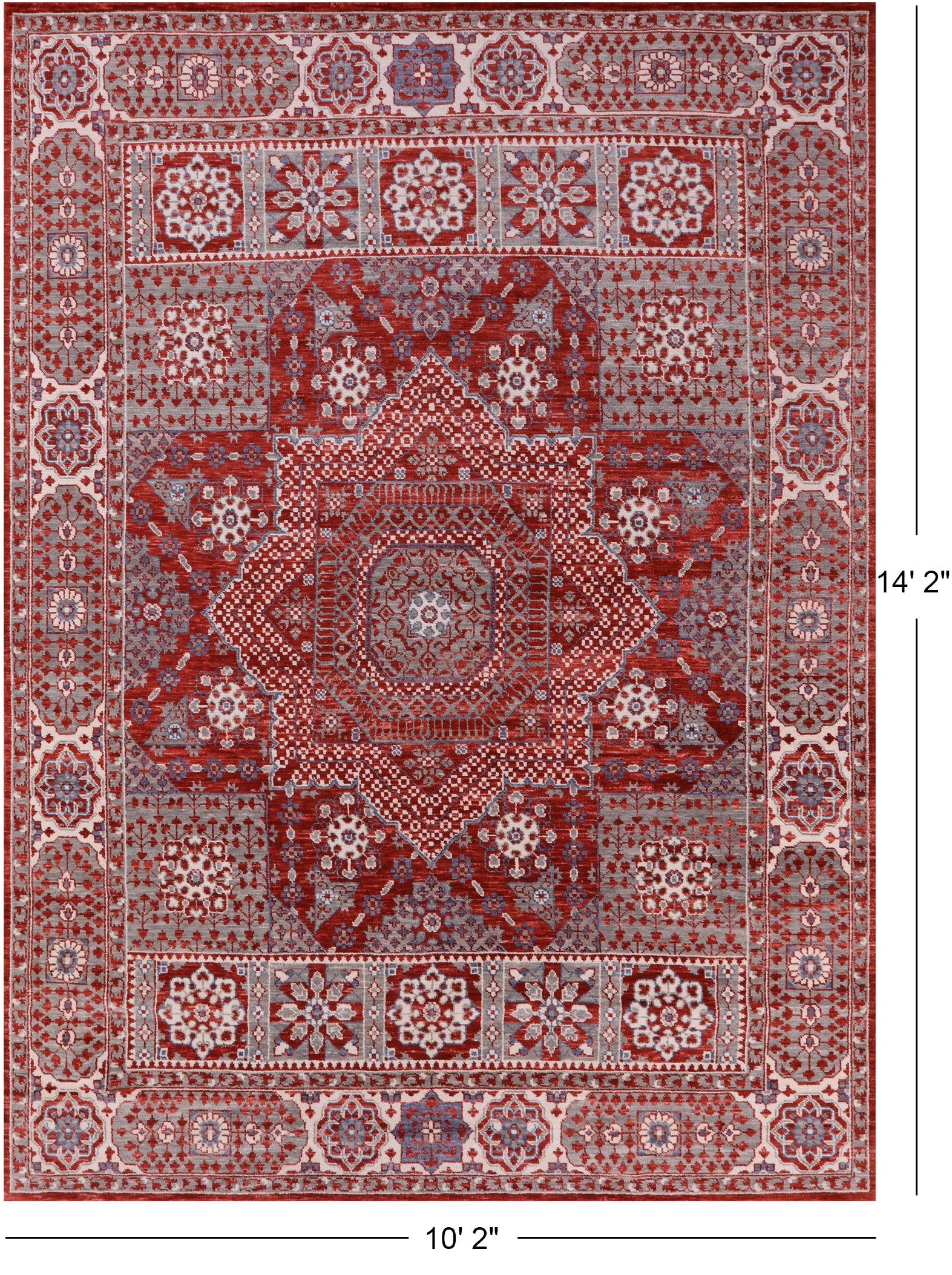 Red Geometric Persian Mamluk Hand Knotted Wool Rug - 10' 2" X 14' 2" - Golden Nile