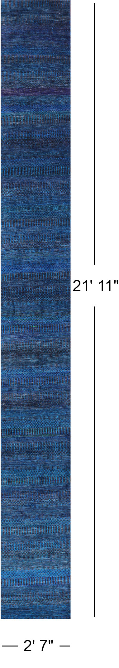 Blue Savannah Grass Hand Knotted Wool & Silk Runner Rug - 2' 7" X 21' 11" - Golden Nile