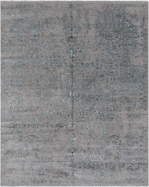 Grey Persian Heriz Serapi Handmade Wool & Silk Rug - 8' 1" X 10' 1"