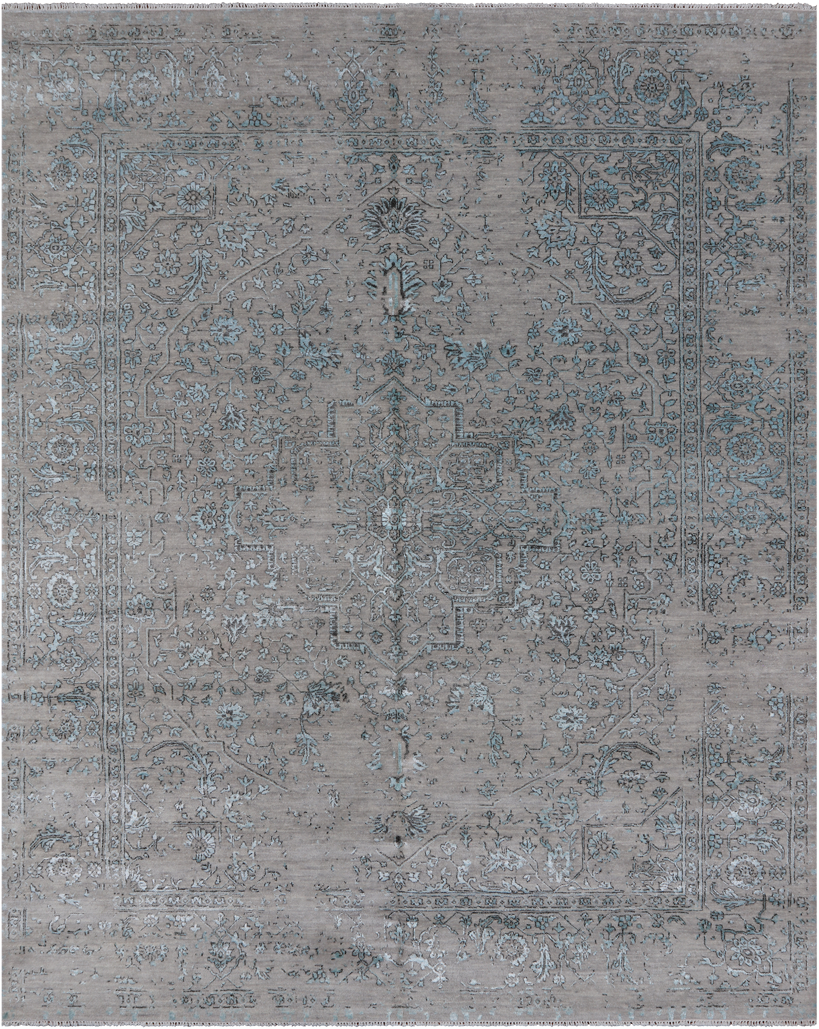 Grey Persian Heriz Serapi Handmade Wool & Silk Rug - 8' 1" X 10' 1"