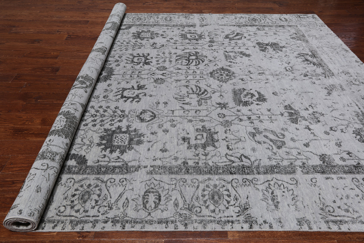 Grey Persian Hand Knotted Wool & Silk Rug - 9' 0" X 11' 11"