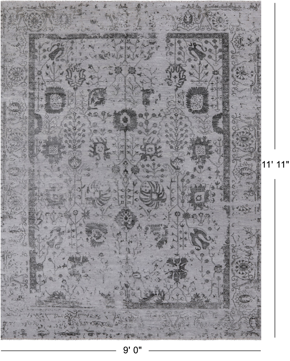 Grey Persian Hand Knotted Wool & Silk Rug - 9' 0" X 11' 11"