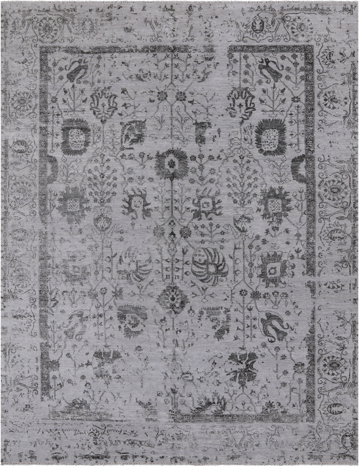 Grey Persian Hand Knotted Wool & Silk Rug - 9' 0" X 11' 11"