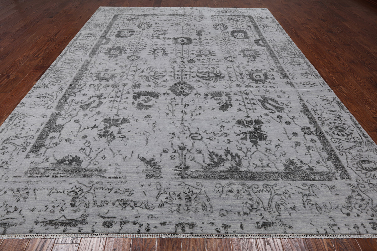 Grey Persian Hand Knotted Wool & Silk Rug - 9' 0" X 11' 11"