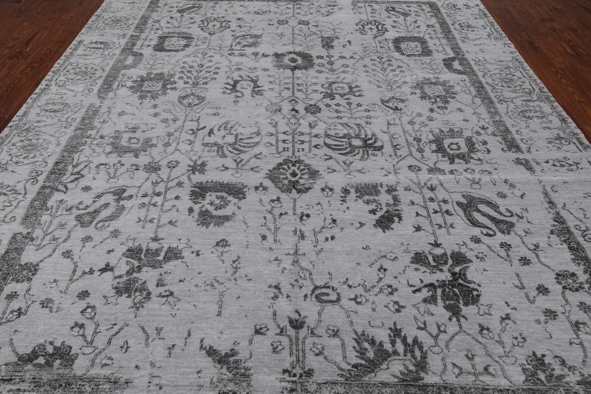 Grey Persian Hand Knotted Wool & Silk Rug - 9' 0" X 11' 11"