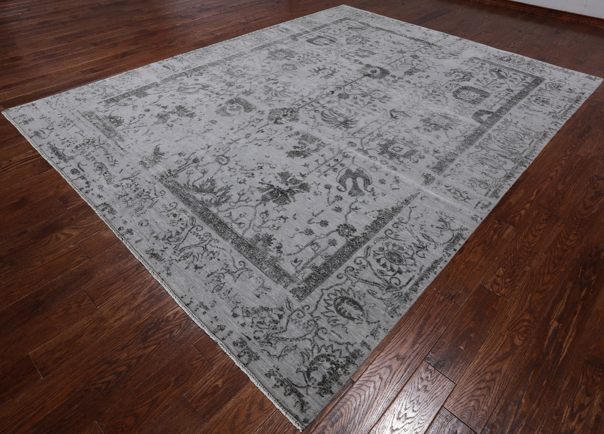 Grey Persian Hand Knotted Wool & Silk Rug - 9' 0" X 11' 11"