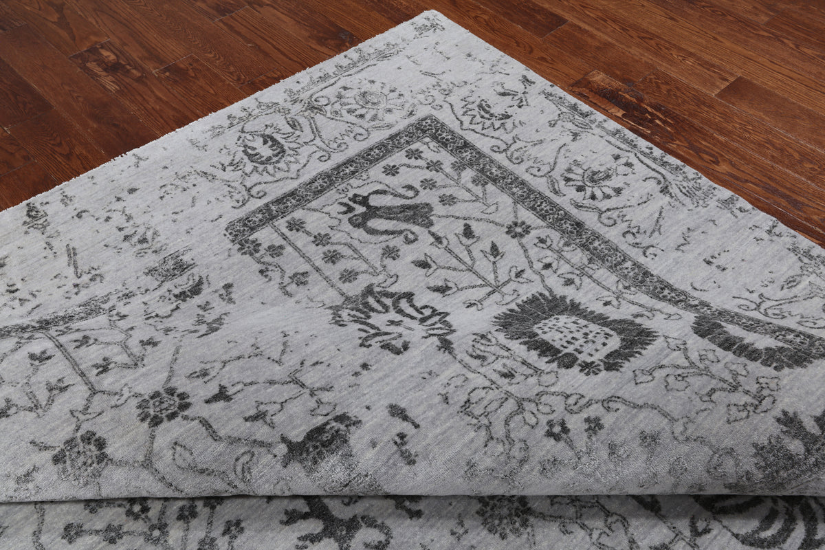 Grey Persian Hand Knotted Wool & Silk Rug - 9' 0" X 11' 11"