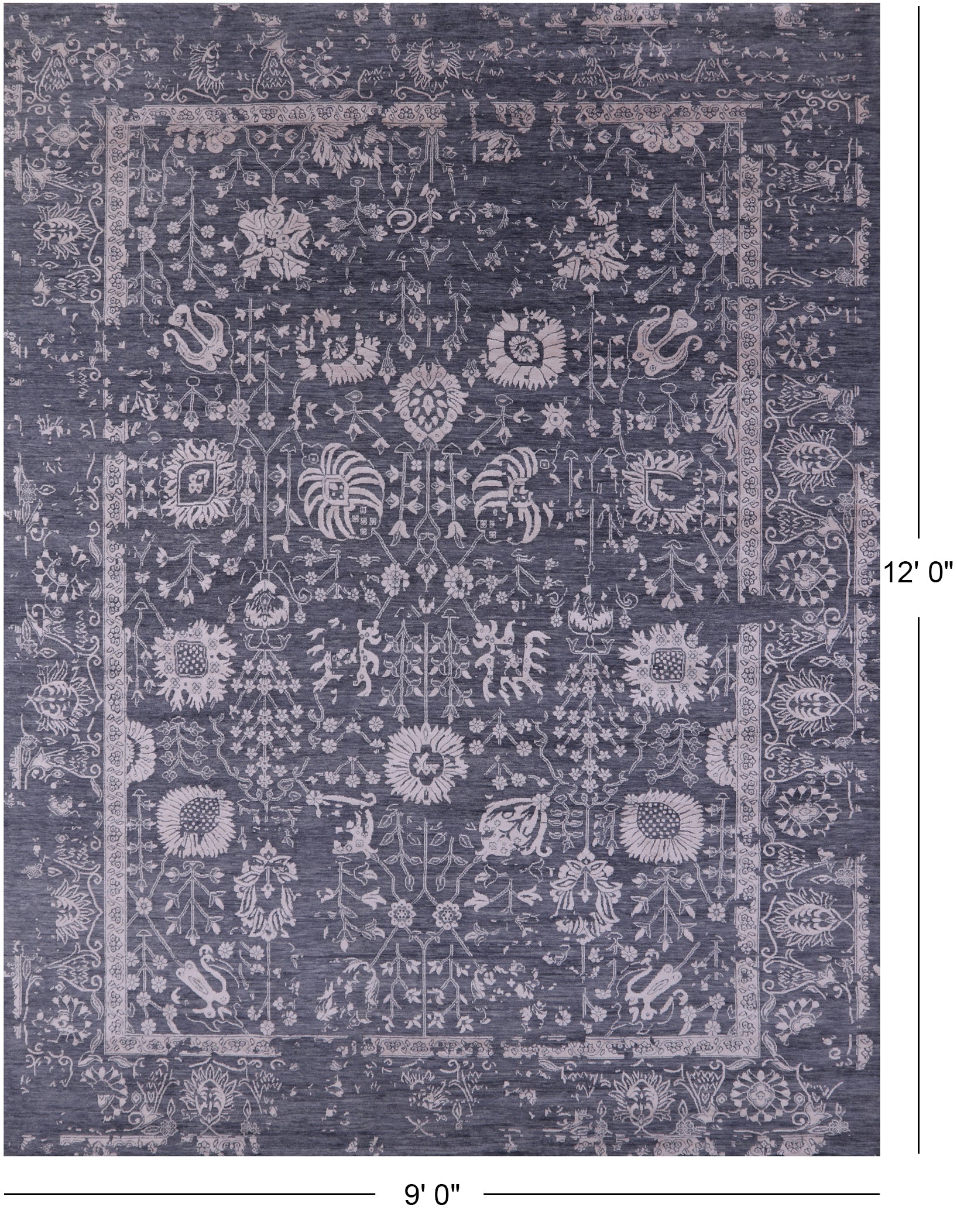 Grey Persian Hand Knotted Wool & Silk Rug - 9' 0" X 12' 0" - Golden Nile