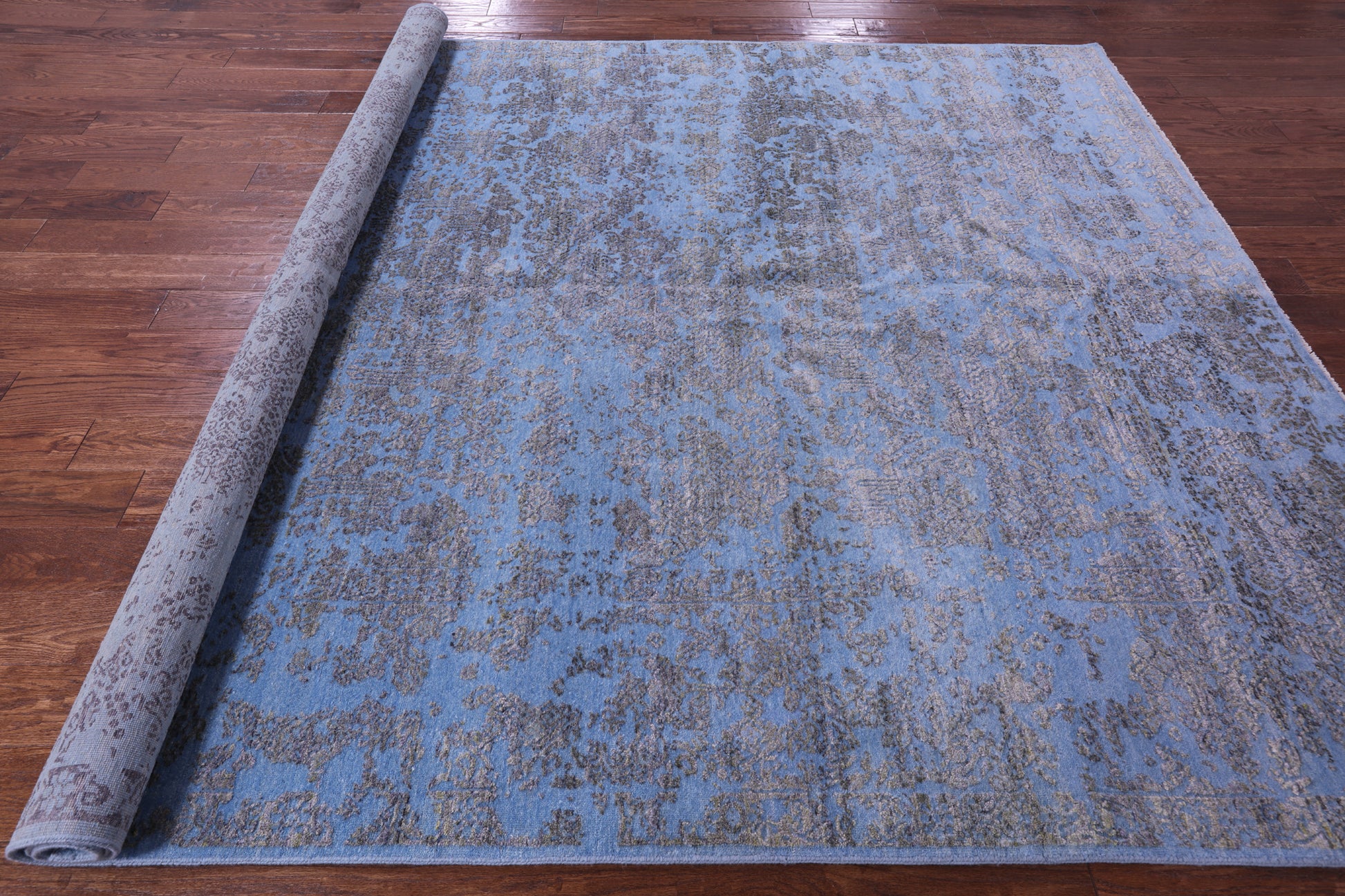 Blue Abstract Modern Hand Knotted Wool & Silk Rug - 7' 10" X 10' 1" - Golden Nile
