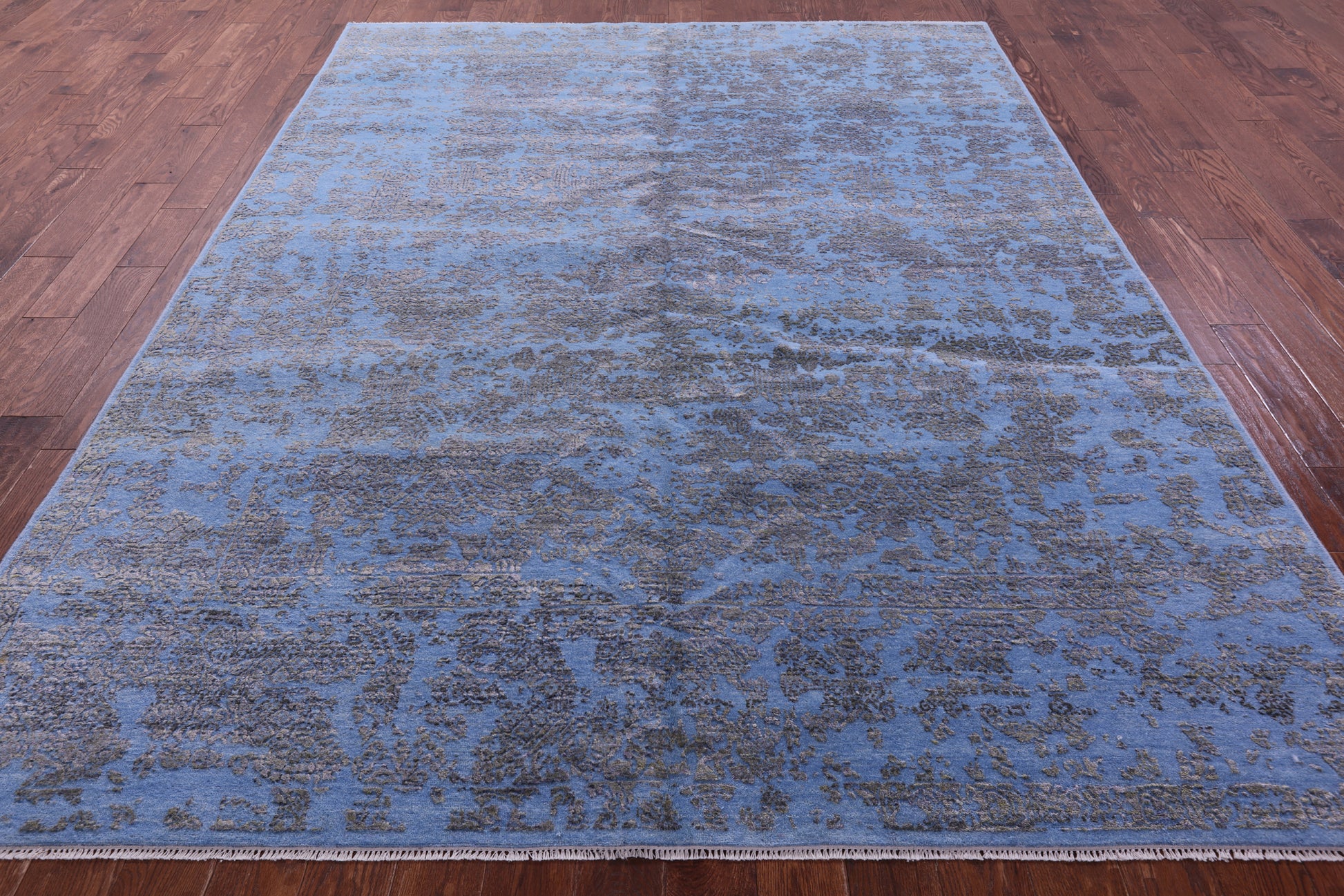 Blue Abstract Modern Hand Knotted Wool & Silk Rug - 7' 10" X 10' 1" - Golden Nile