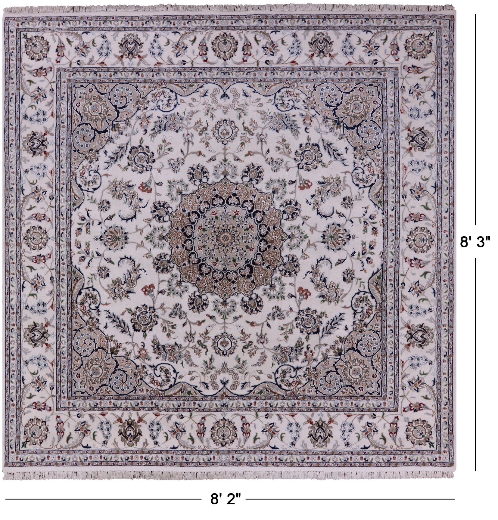 Ivory Square Persian Nain Hand Knotted Wool & Silk Rug - 8' 2" X 8' 3" - Golden Nile