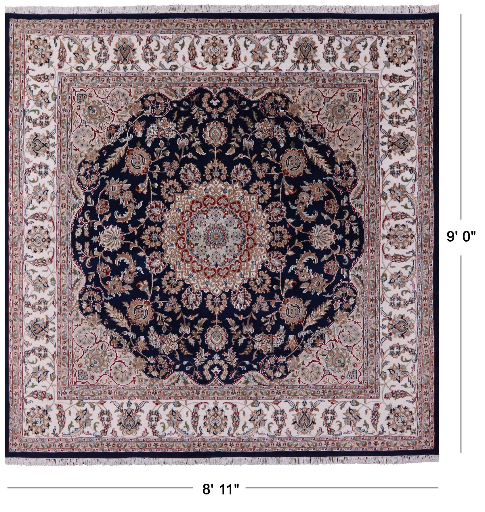 Blue Square Persian Nain Hand Knotted Wool & Silk Rug - 8' 11" X 9' 0" - Golden Nile