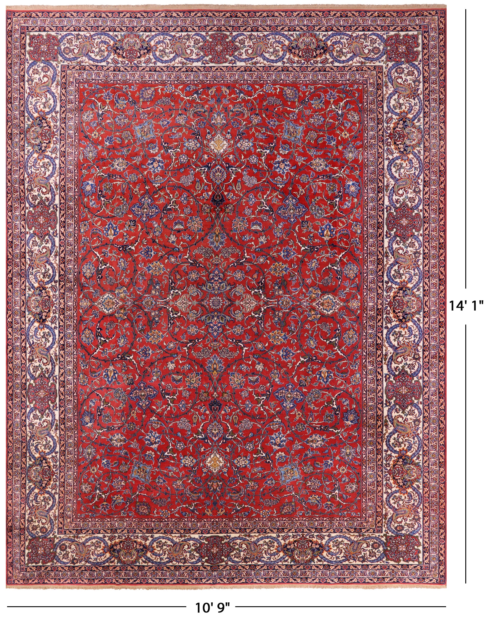 Red Antique Persian Isfahan Hand Knotted Wool Rug - 10' 9" X 14' 1" - Golden Nile