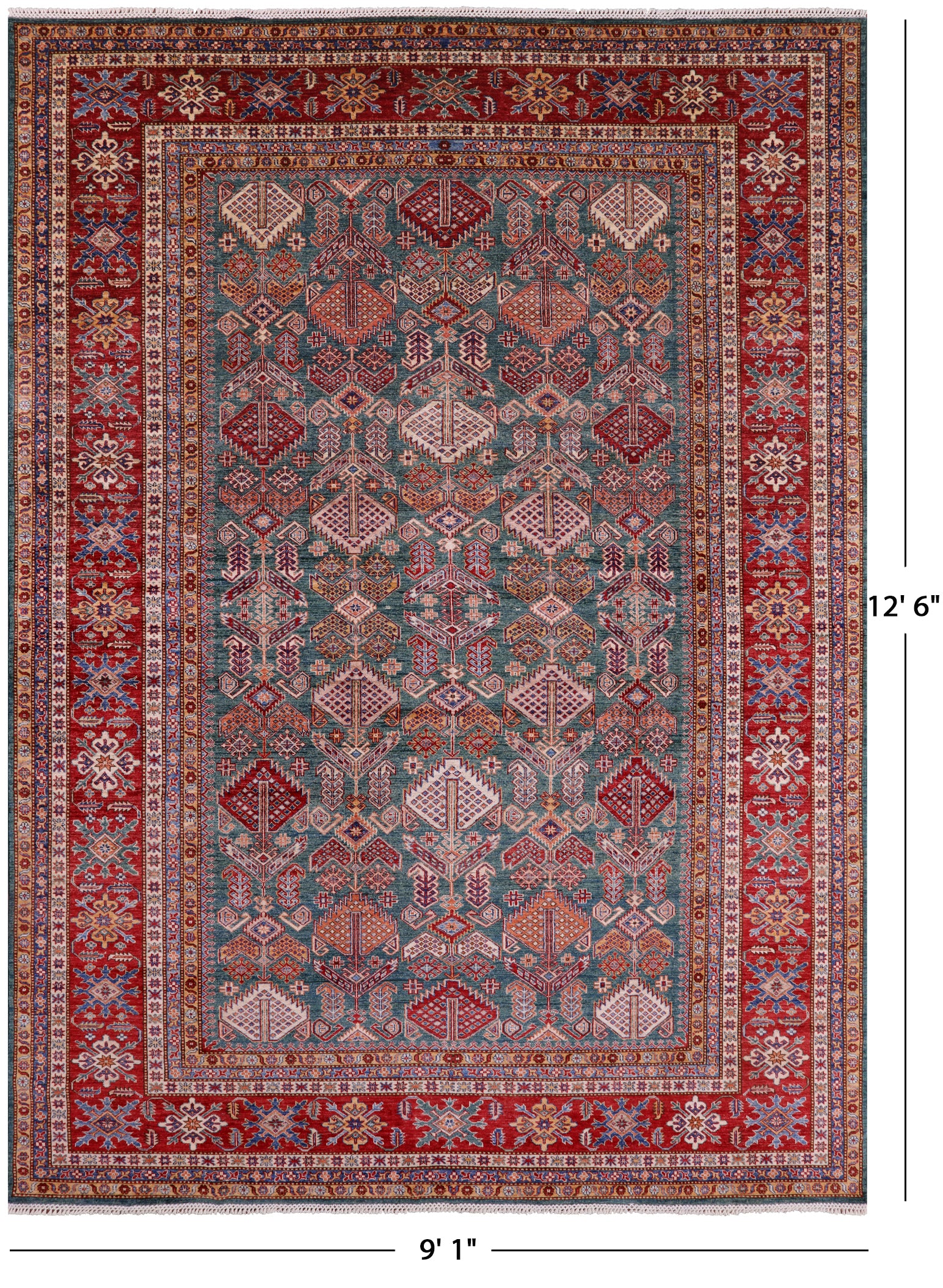 Green Super Kazak Hand Knotted Wool Rug - 9' 1" X 12' 6" - Golden Nile