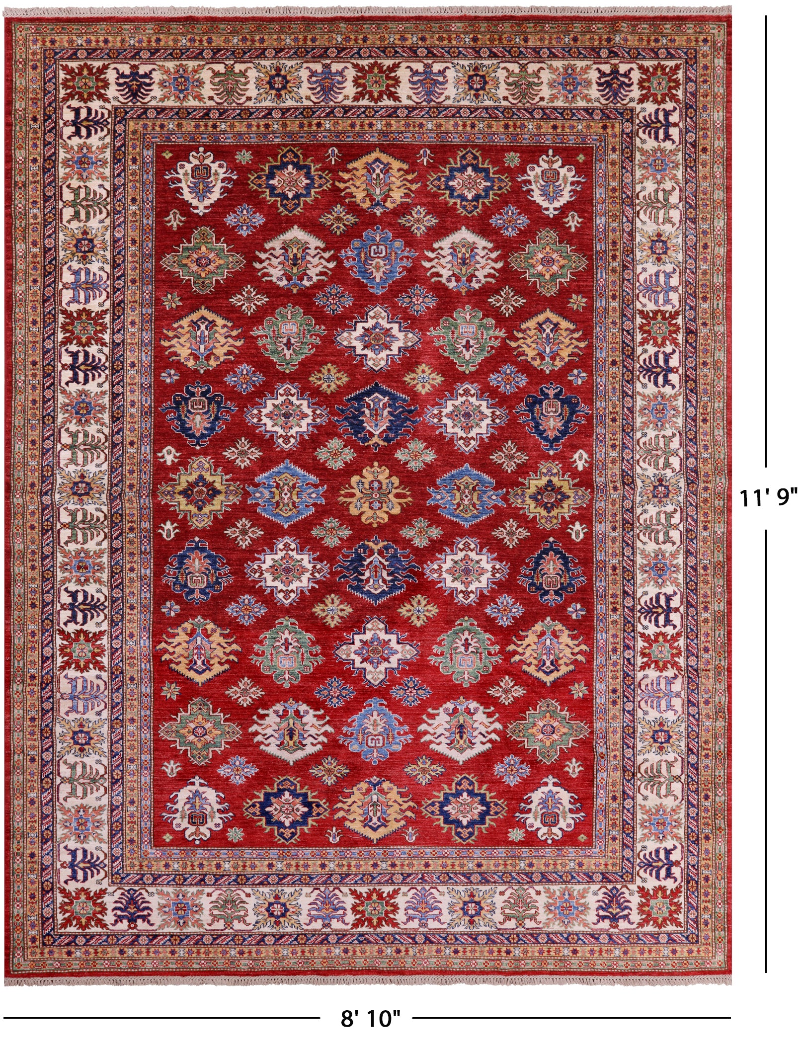 Red Super Kazak Hand Knotted Wool Rug - 8' 10" X 11' 9" - Golden Nile
