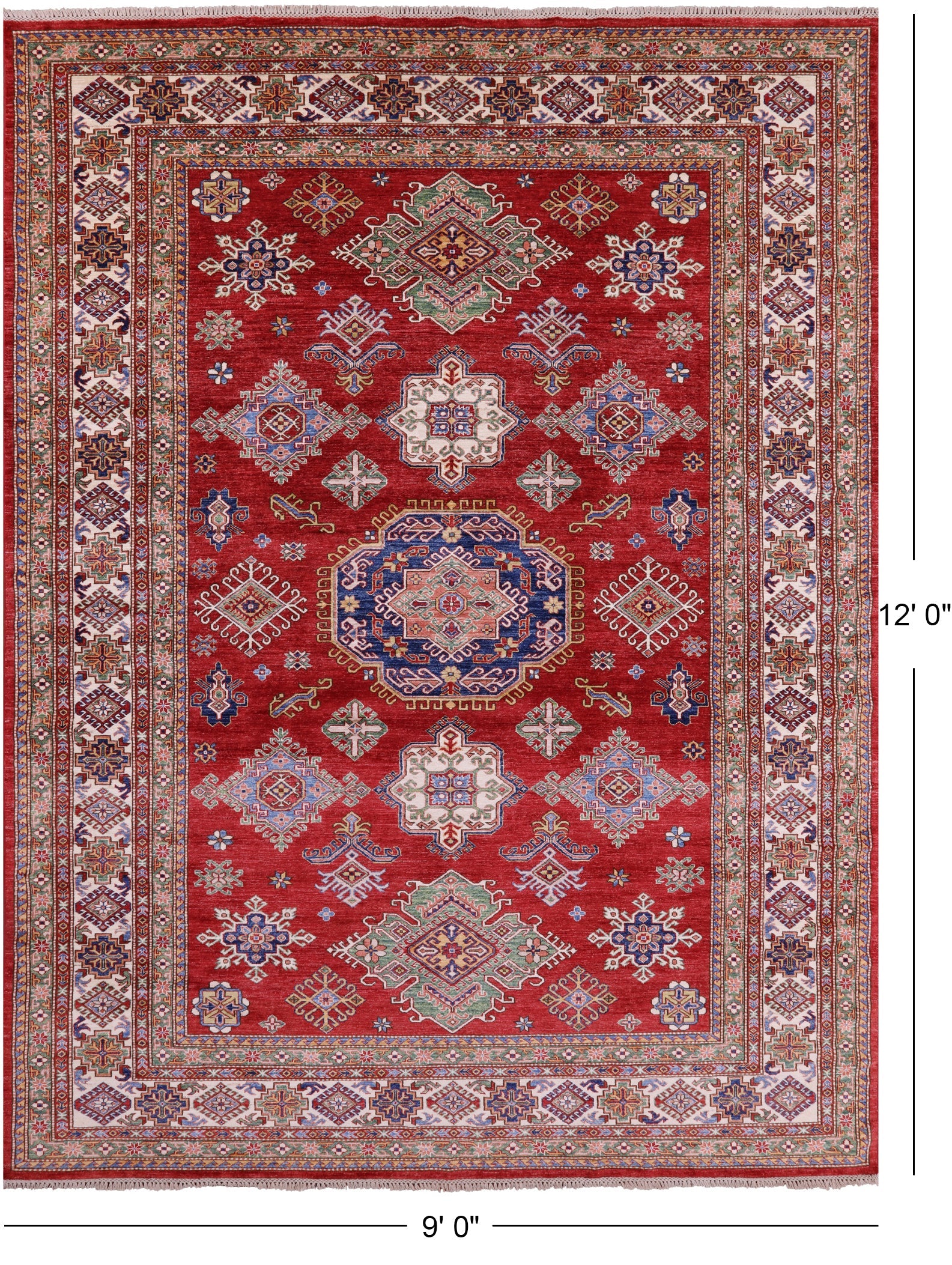 Red Super Kazak Hand Knotted Wool Rug - 9' 0" X 12' 0" - Golden Nile