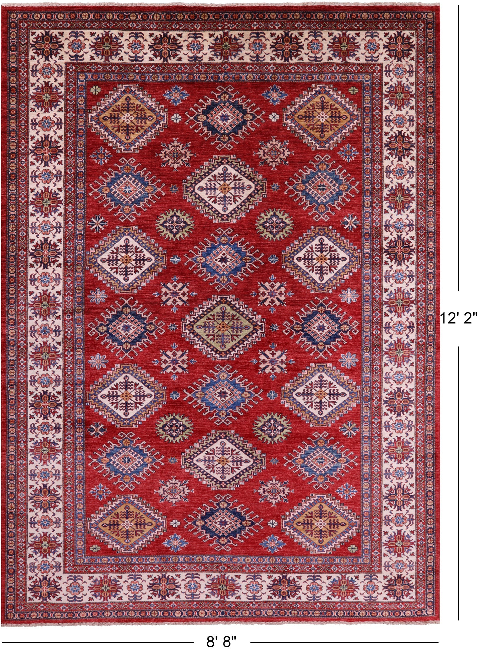 Red Super Kazak Hand Knotted Wool Rug - 8' 8" X 12' 2" - Golden Nile