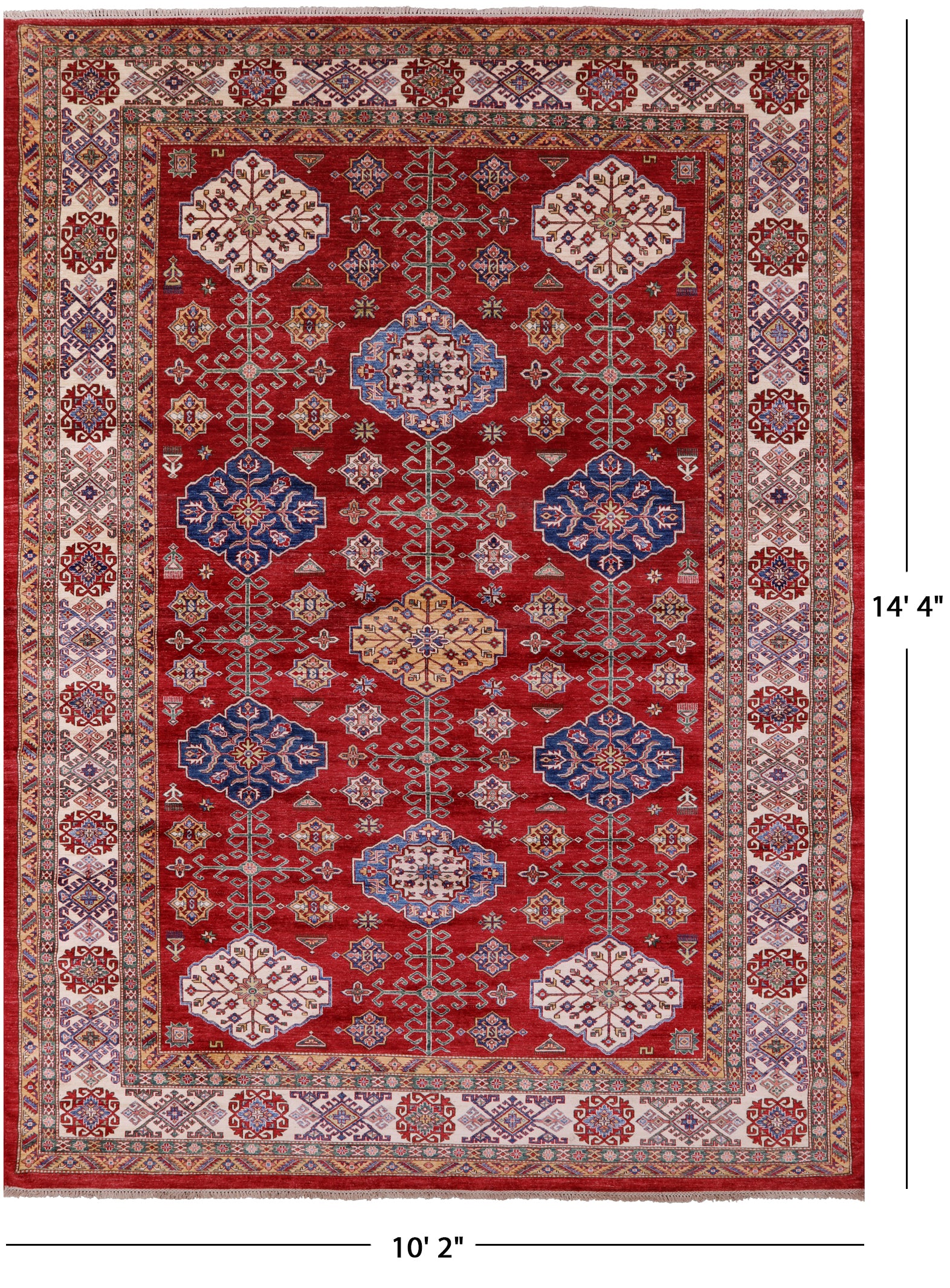 Red Super Kazak Hand Knotted Wool Rug - 10' 2" X 14' 4" - Golden Nile