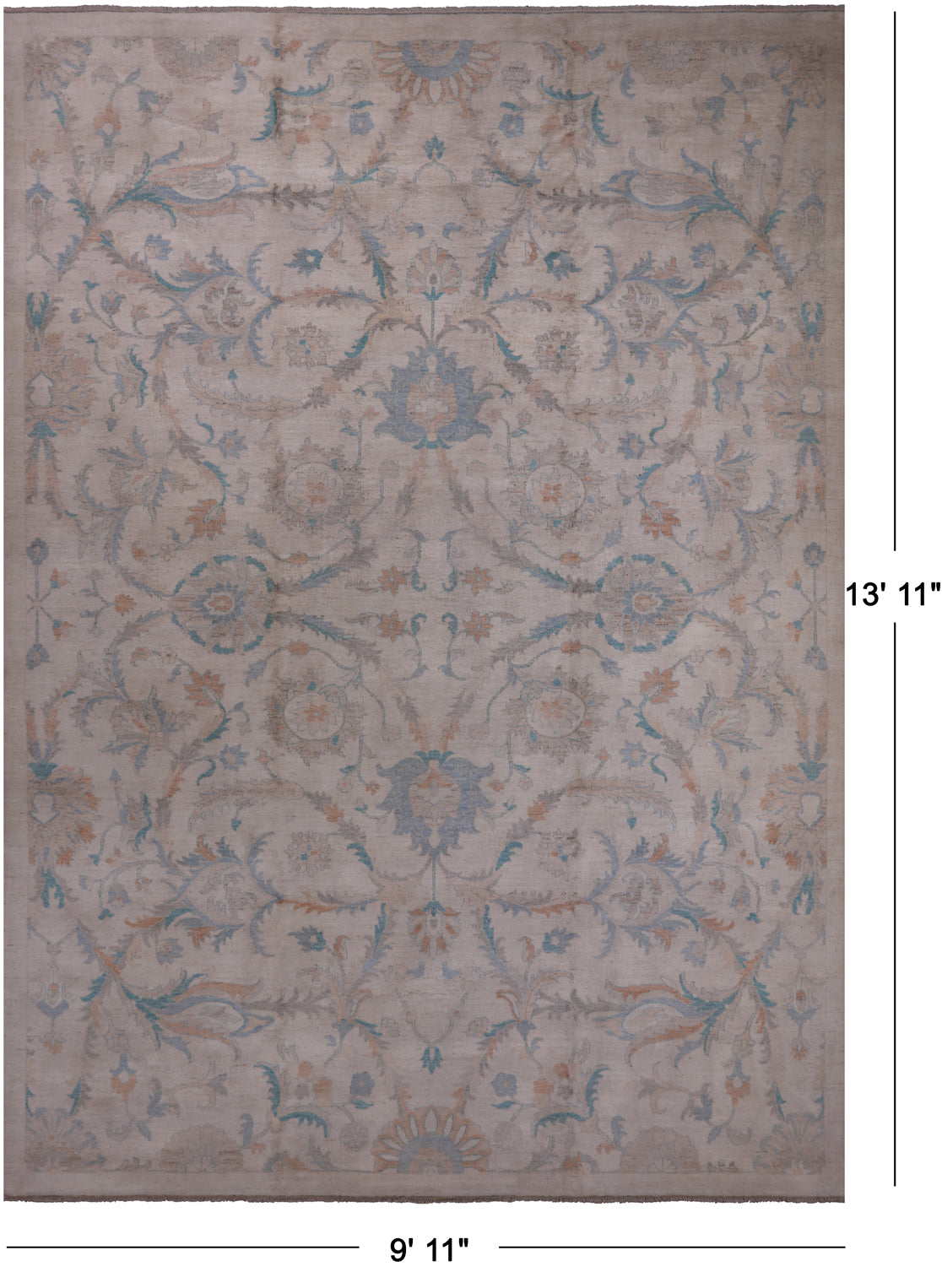 Ivory White Wash Peshawar Hand Knotted Wool Rug - 9' 11" X 13' 11"