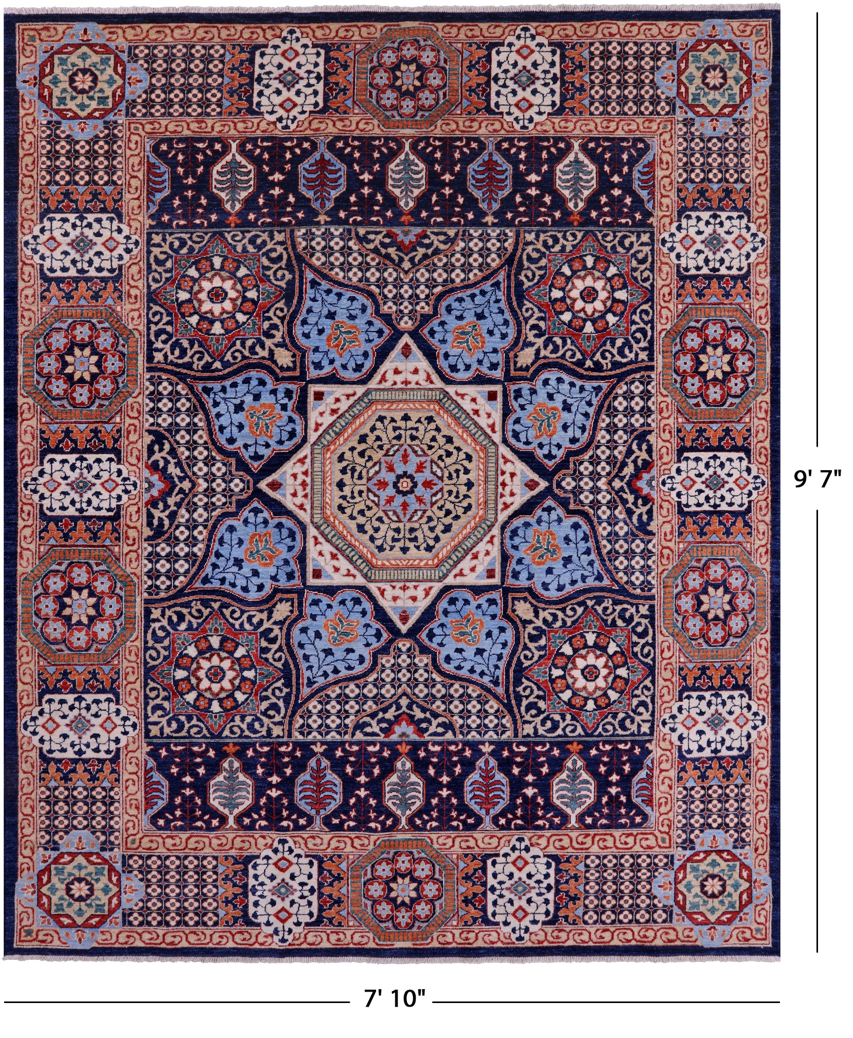 Blue Geometric Persian Mamluk Hand Knotted Wool Rug - 7' 10" X 9' 7" - Golden Nile