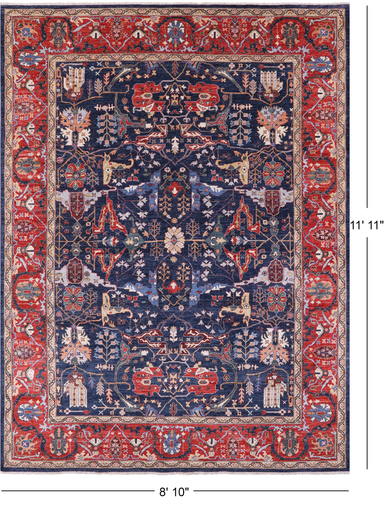 Blue Persian Fine Serapi Hand Knotted Wool Rug - 8' 10" X 11' 11" - Golden Nile