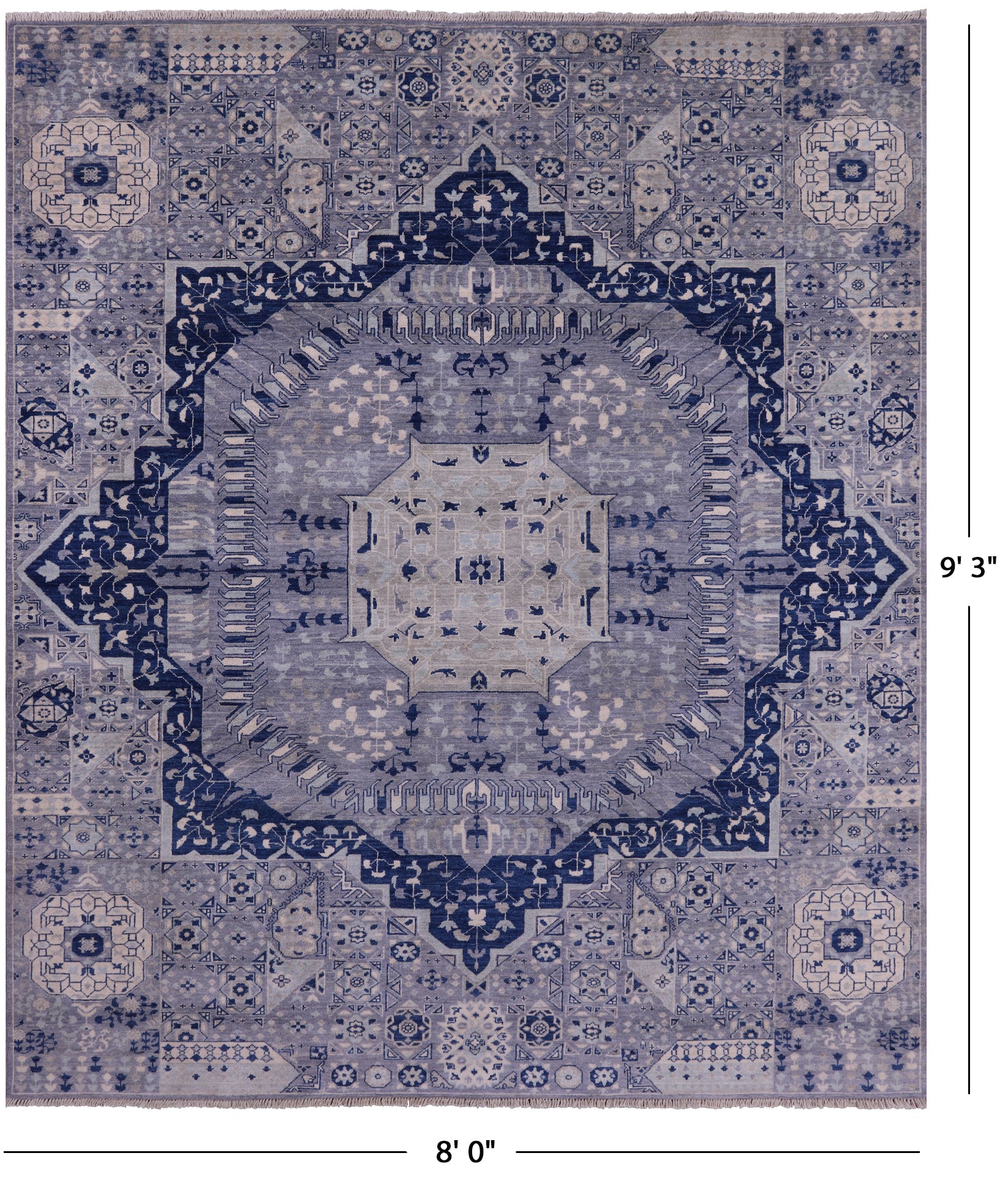 Blue Geometric Persian Mamluk Hand Knotted Wool Rug - 8' 0" X 9' 3" - Golden Nile