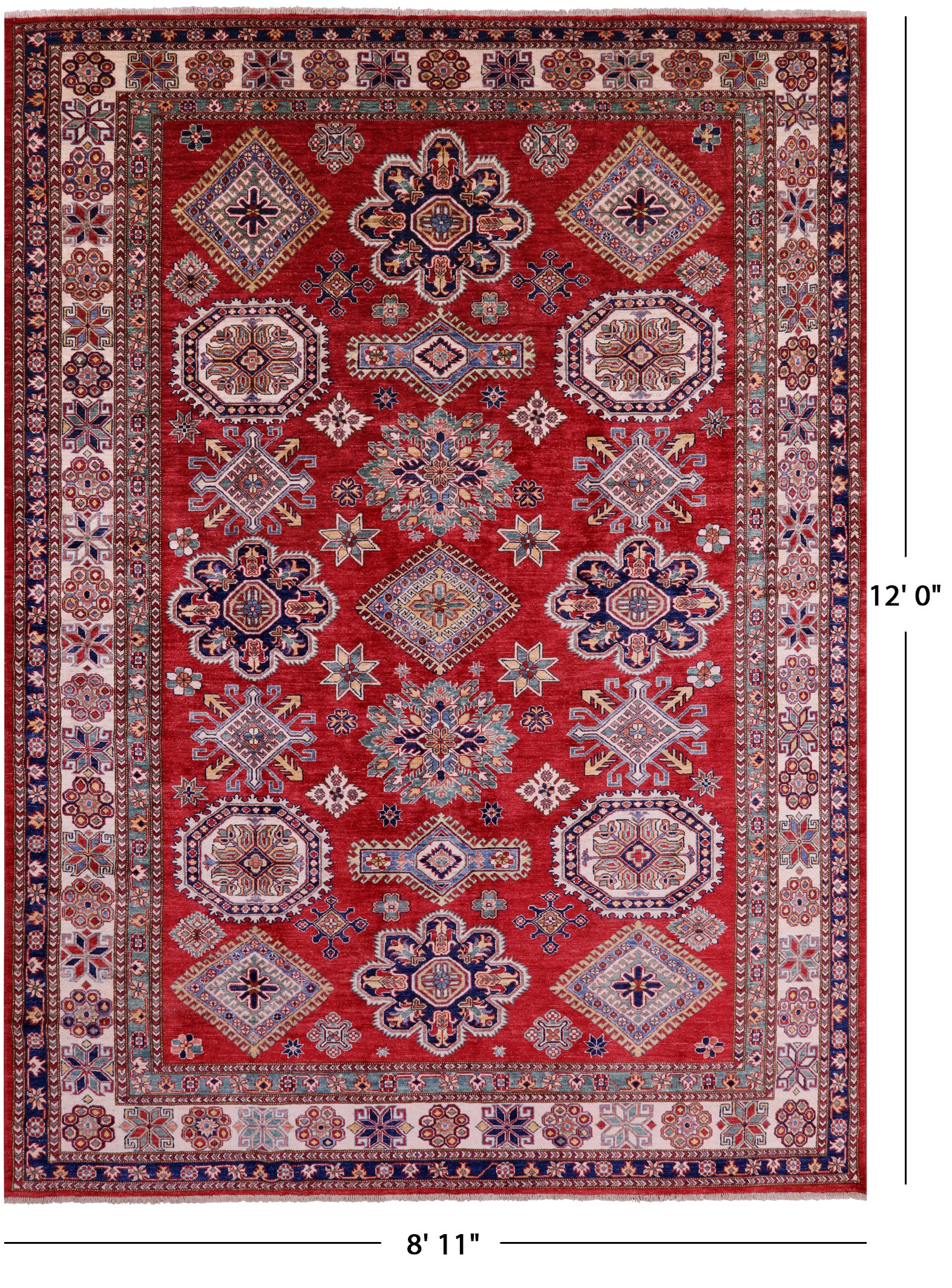 Red Super Kazak Handmade Wool Rug - 8' 11" X 12' 0" - Golden Nile