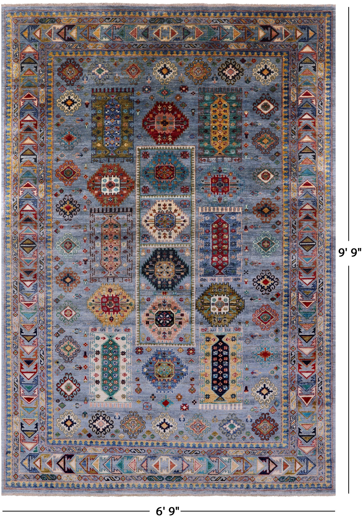 Blue Turkmen Ersari Hand Knotted Wool Rug - 6' 9" X 9' 9" - Golden Nile