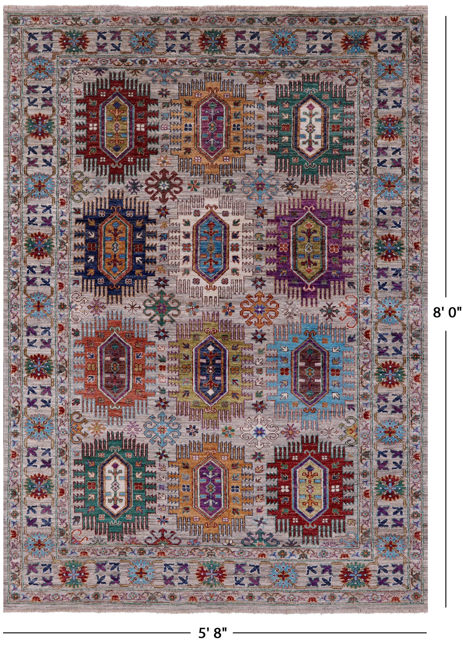 Grey Turkmen Ersari Hand Knotted Wool Rug - 5' 8" X 8' 0" - Golden Nile