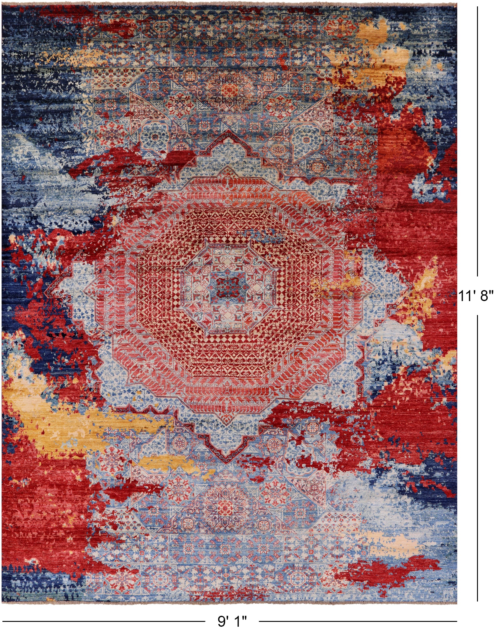 Abstract Modern Mamluk Hand Knotted Wool Rug - 9' 1" X 11' 8" - Golden Nile