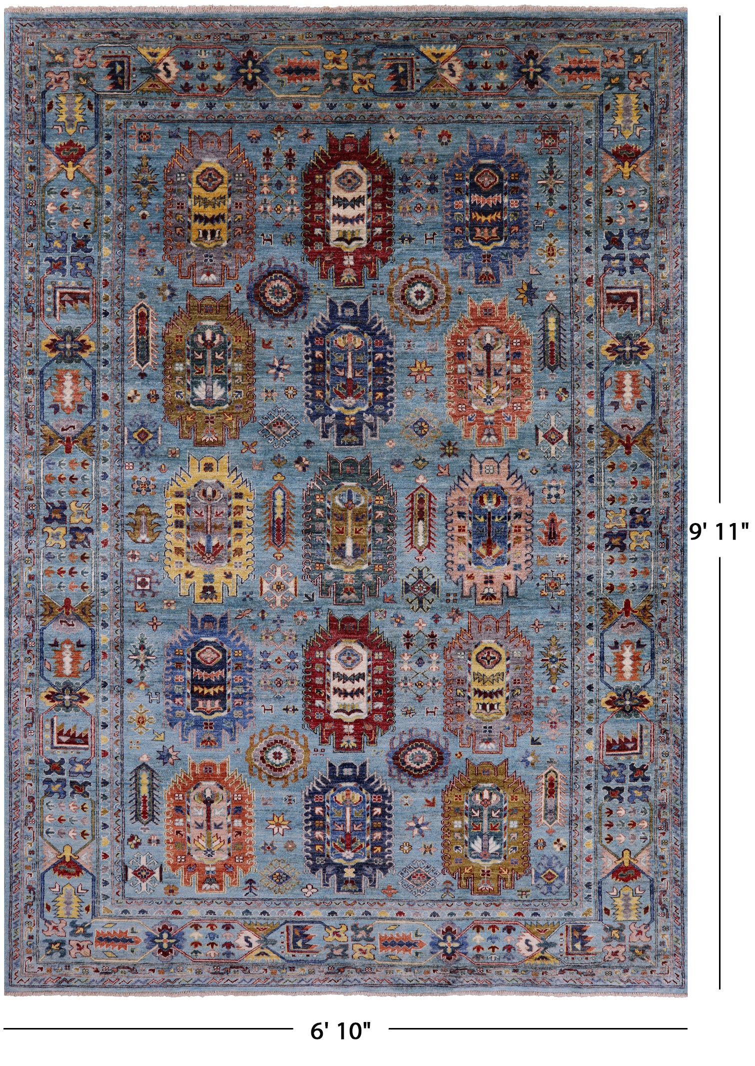 Blue Turkmen Ersari Hand Knotted Wool Rug - 6' 10" X 9' 11" - Golden Nile