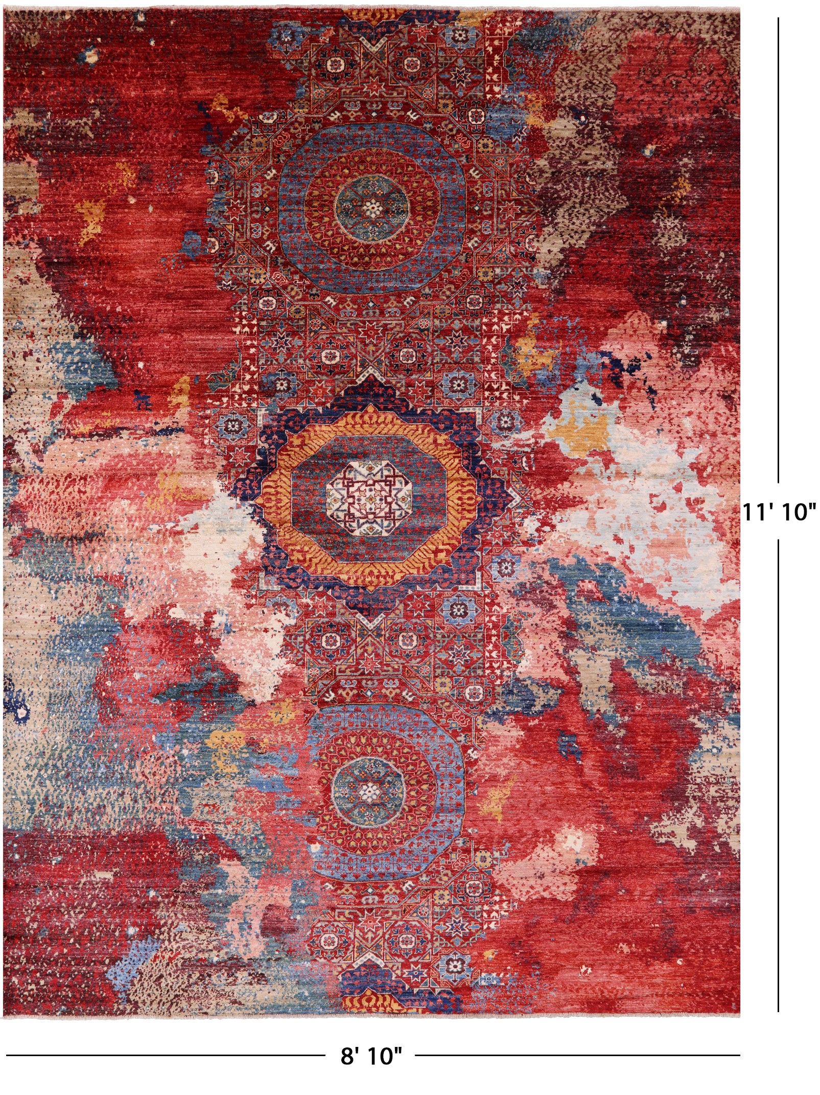Abstract Modern Mamluk Hand Knotted Wool Rug - 8' 10" X 11' 10" - Golden Nile