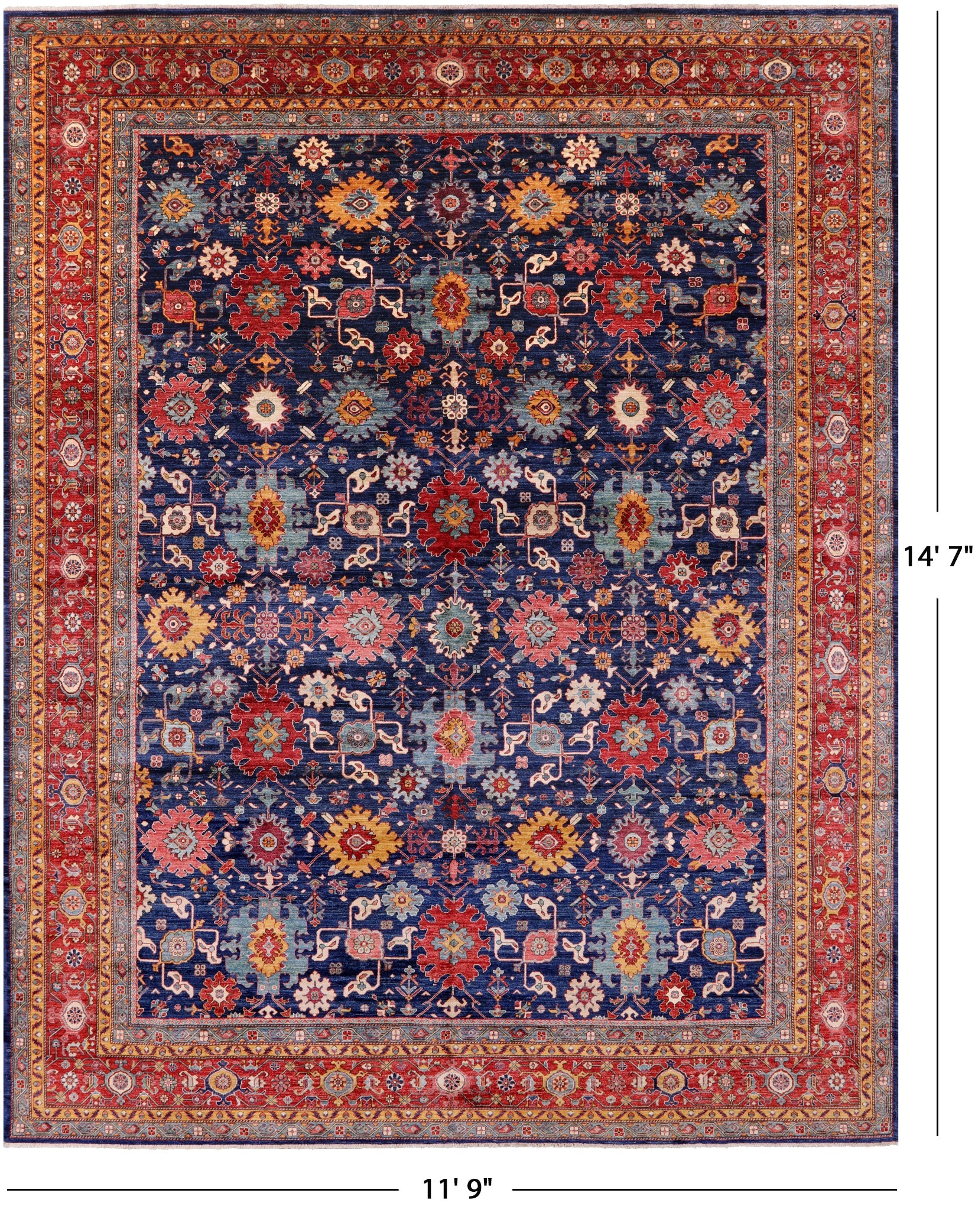 Blue Persian Fine Serapi Hand Knotted Wool Rug - 11' 9" X 14' 7" - Golden Nile