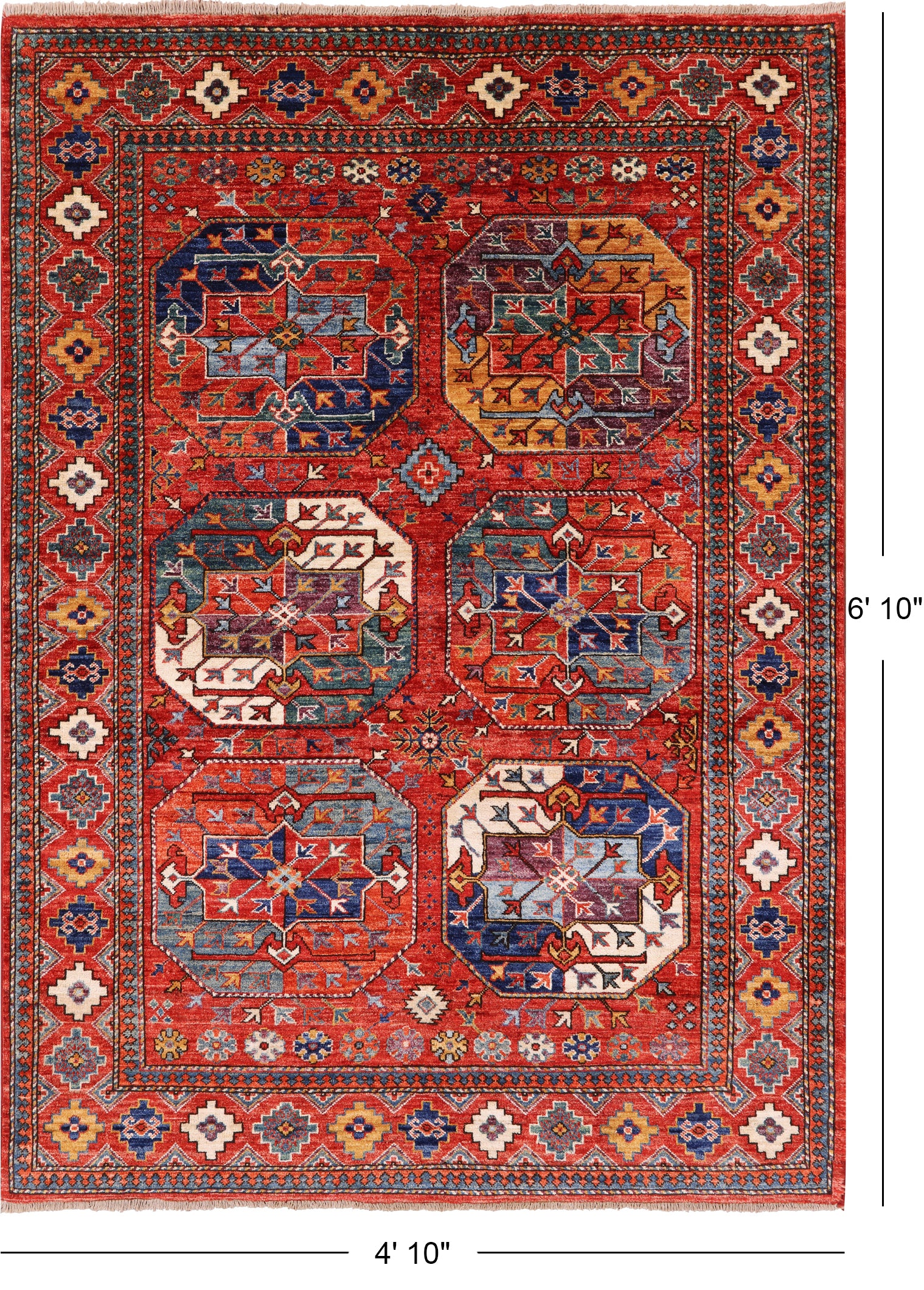 Red Turkmen Ersari Handmade Wool Rug - 4' 10" X 6' 10" - Golden Nile