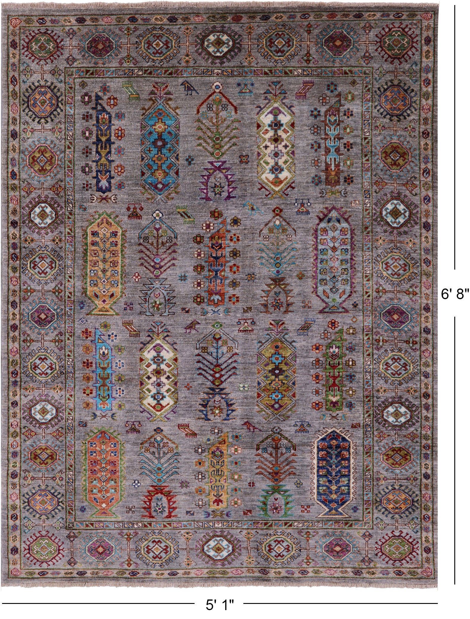 Grey Turkmen Ersari Handmade Wool Rug - 5' 1" X 6' 8" - Golden Nile