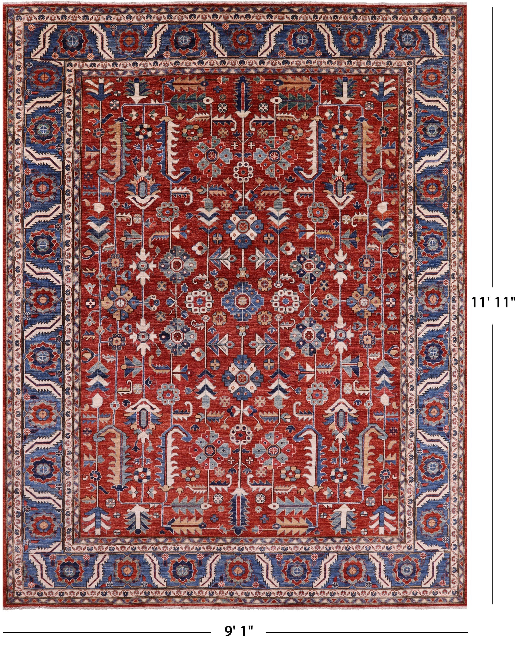 Red Persian Fine Serapi Hand Knotted Wool Rug - 9' 1" X 11' 11" - Golden Nile