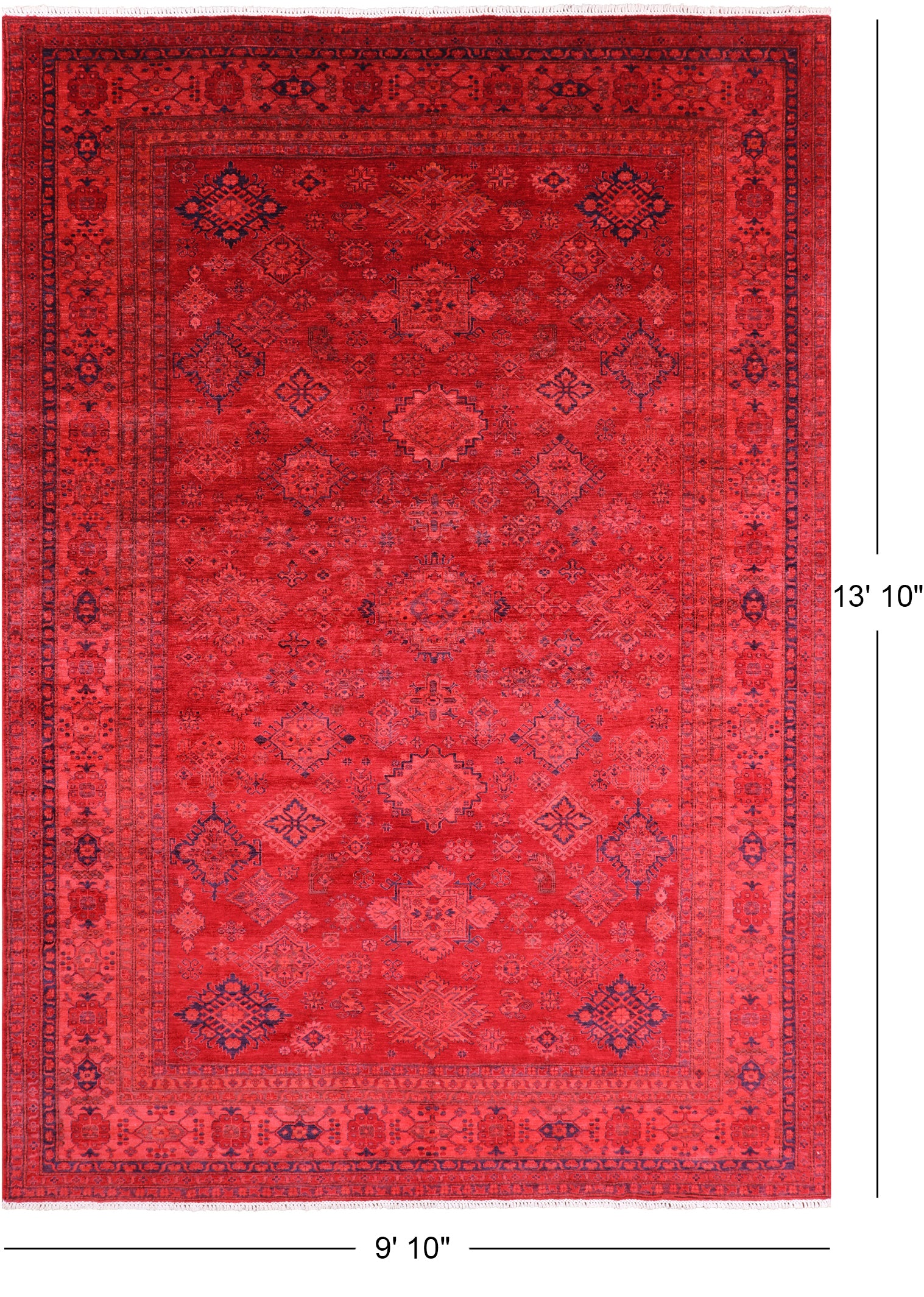 Red Super Kazak Full Pile Overdyed Hand Knotted Wool Rug - 9' 10" X 13' 10" - Golden Nile