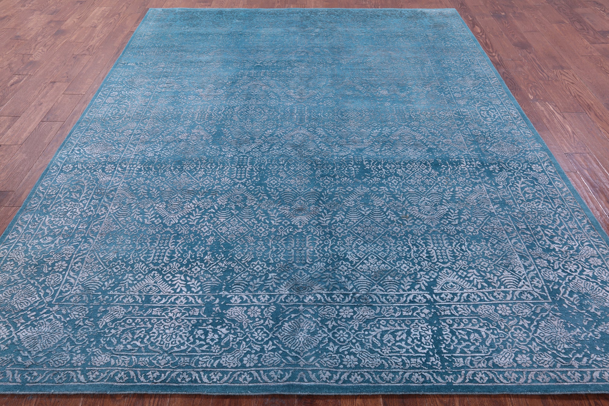 Blue Full Pile Overdyed Hand Knotted Wool & Silk Rug - 7' 11" X 10' 0" - Golden Nile