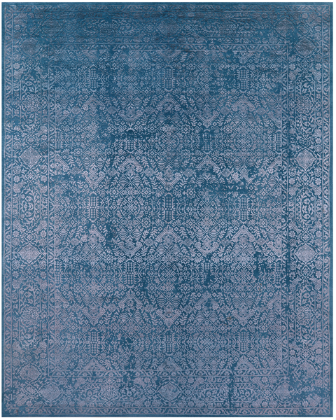 Blue Full Pile Overdyed Hand Knotted Wool & Silk Rug - 7' 11" X 10' 0" - Golden Nile