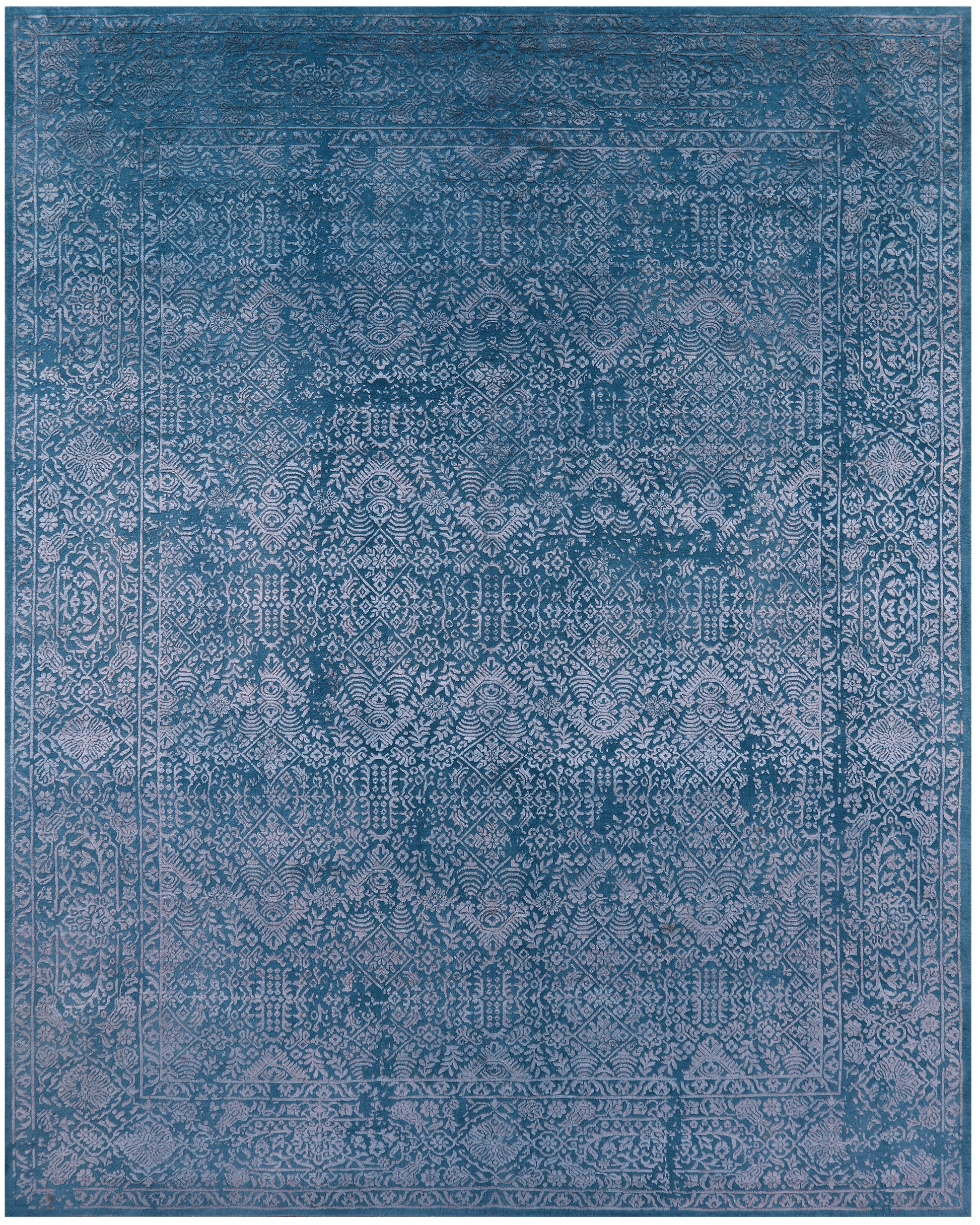 Blue Full Pile Overdyed Hand Knotted Wool & Silk Rug - 7' 11" X 10' 0" - Golden Nile