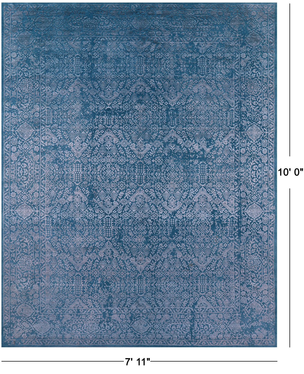 Blue Full Pile Overdyed Hand Knotted Wool & Silk Rug - 7' 11" X 10' 0" - Golden Nile