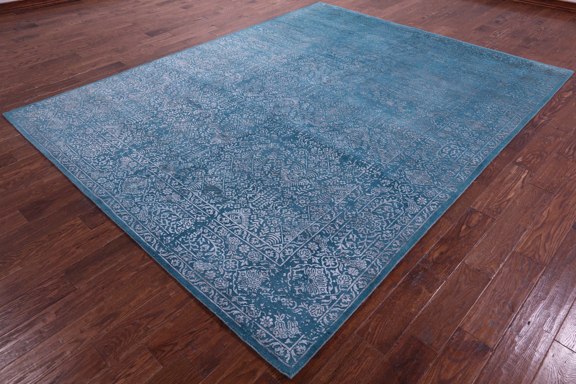 Blue Full Pile Overdyed Hand Knotted Wool & Silk Rug - 7' 11" X 10' 0" - Golden Nile