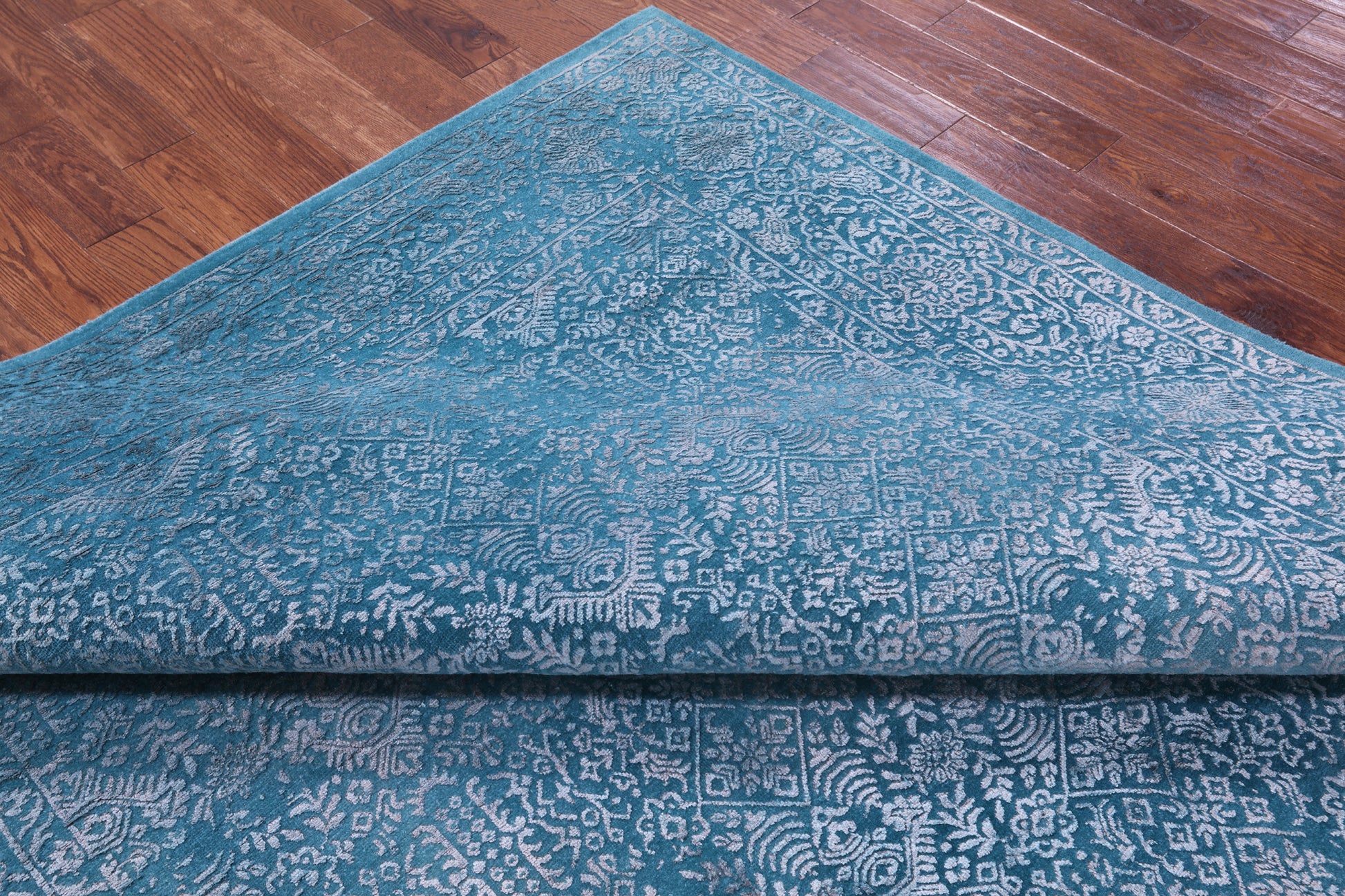 Blue Full Pile Overdyed Hand Knotted Wool & Silk Rug - 7' 11" X 10' 0" - Golden Nile
