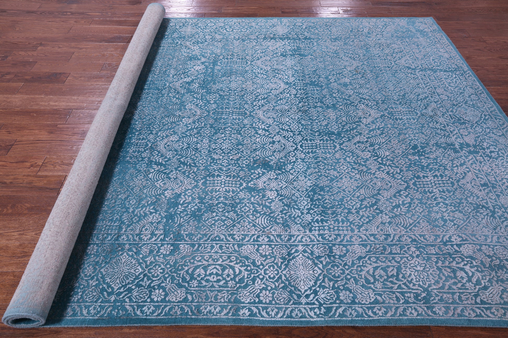 Blue Full Pile Overdyed Hand Knotted Wool & Silk Rug - 7' 11" X 10' 0" - Golden Nile