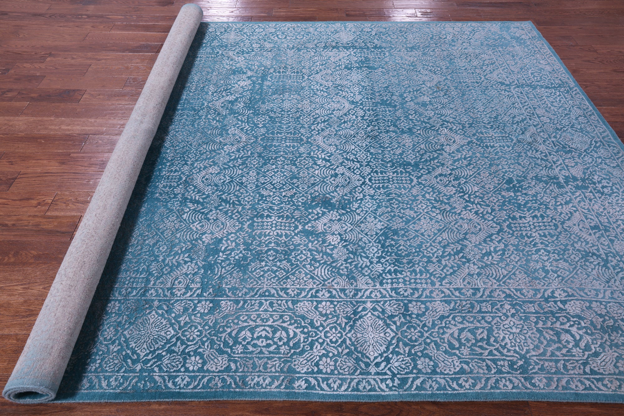 Blue Full Pile Overdyed Hand Knotted Wool & Silk Rug - 7' 11" X 10' 0" - Golden Nile