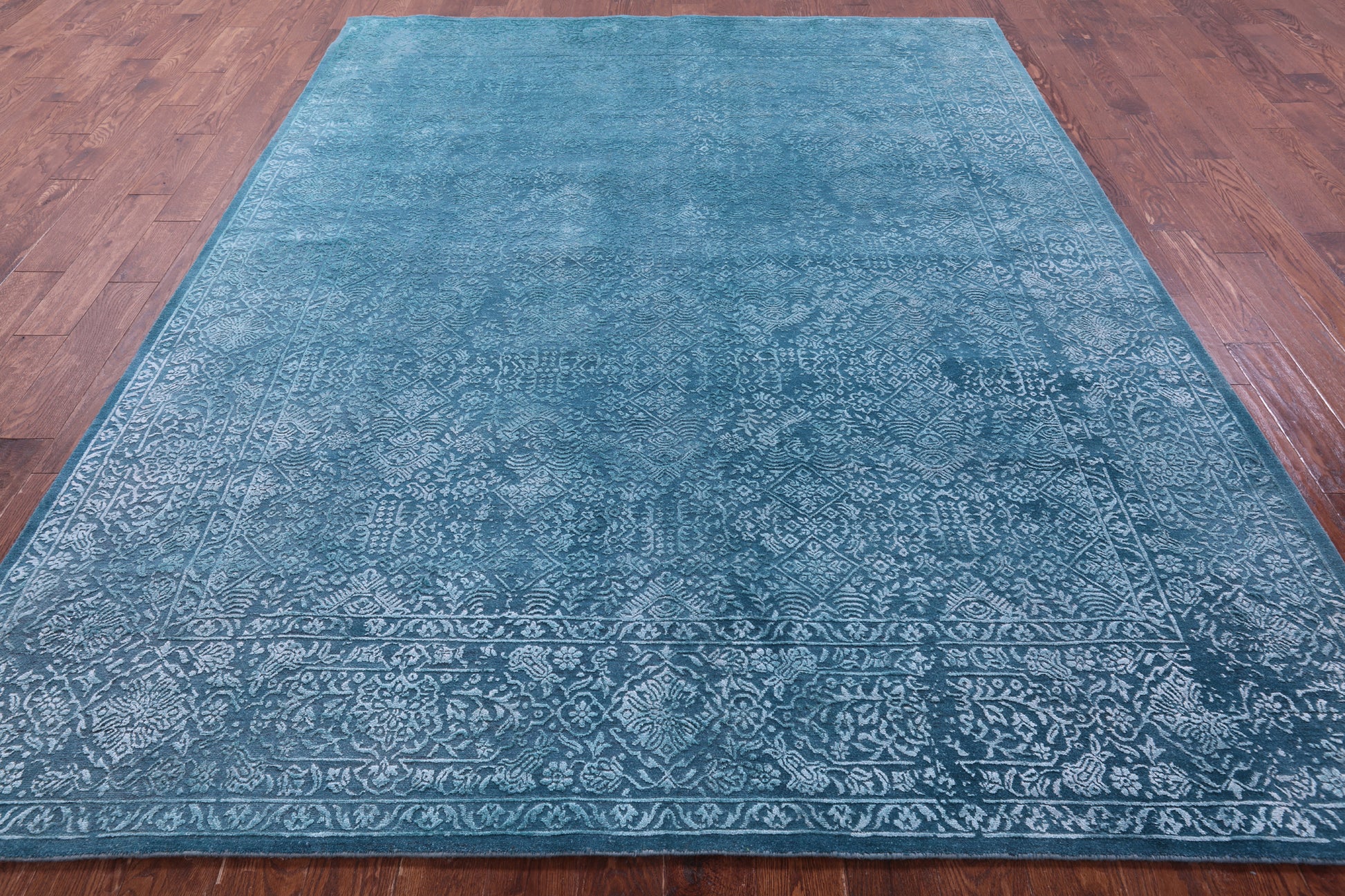 Blue Full Pile Overdyed Hand Knotted Wool & Silk Rug - 8' 0" X 10' 2" - Golden Nile