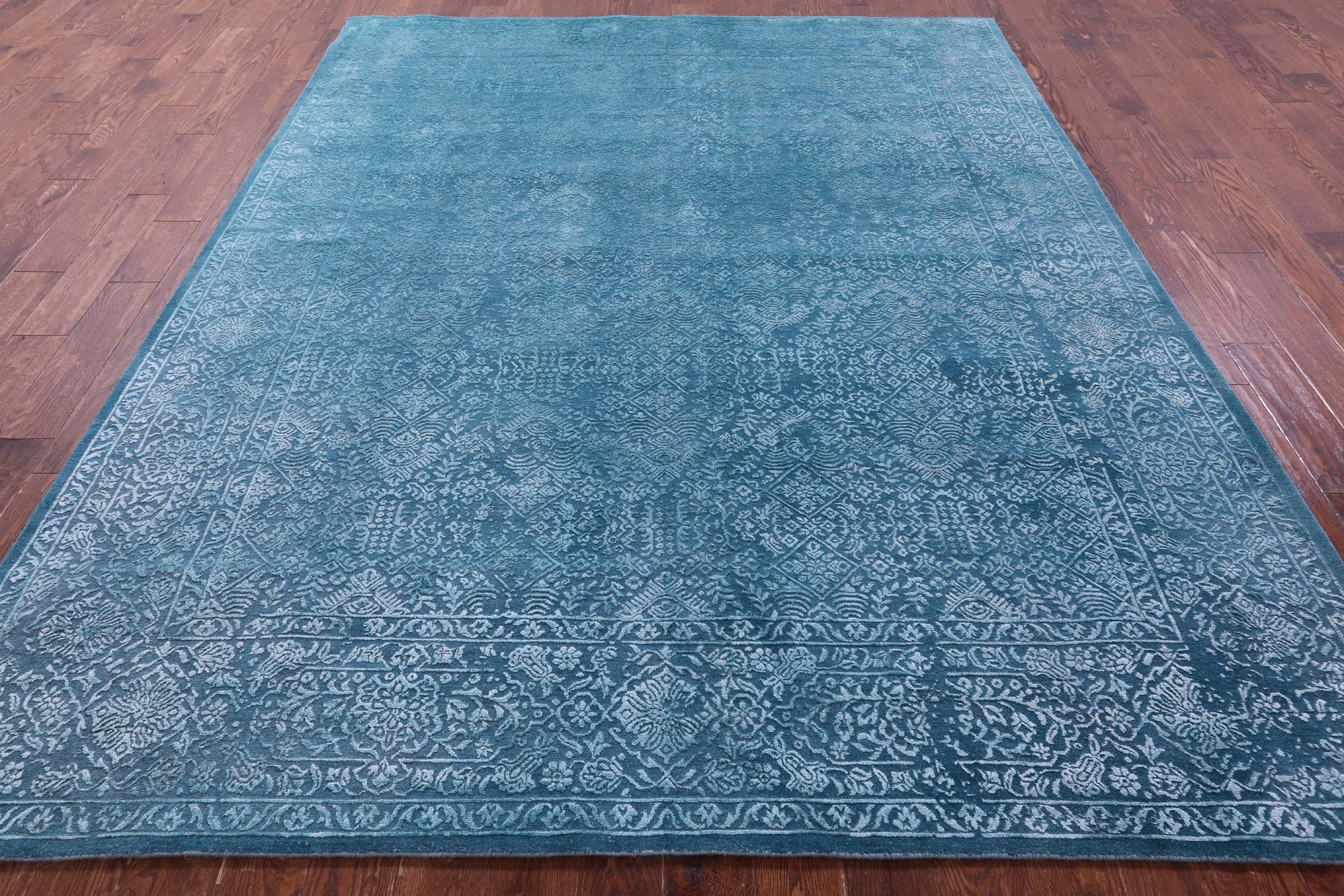 Blue Full Pile Overdyed Hand Knotted Wool & Silk Rug - 8' 0" X 10' 2" - Golden Nile