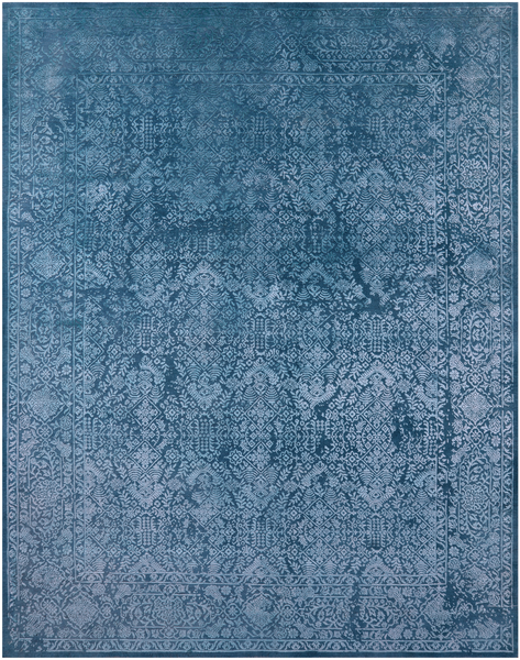 Blue Full Pile Overdyed Hand Knotted Wool & Silk Rug - 8' 0" X 10' 2" - Golden Nile