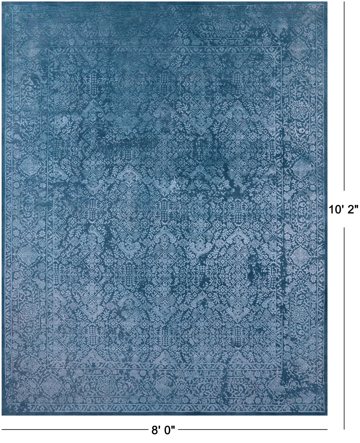 Blue Full Pile Overdyed Hand Knotted Wool & Silk Rug - 8' 0" X 10' 2" - Golden Nile